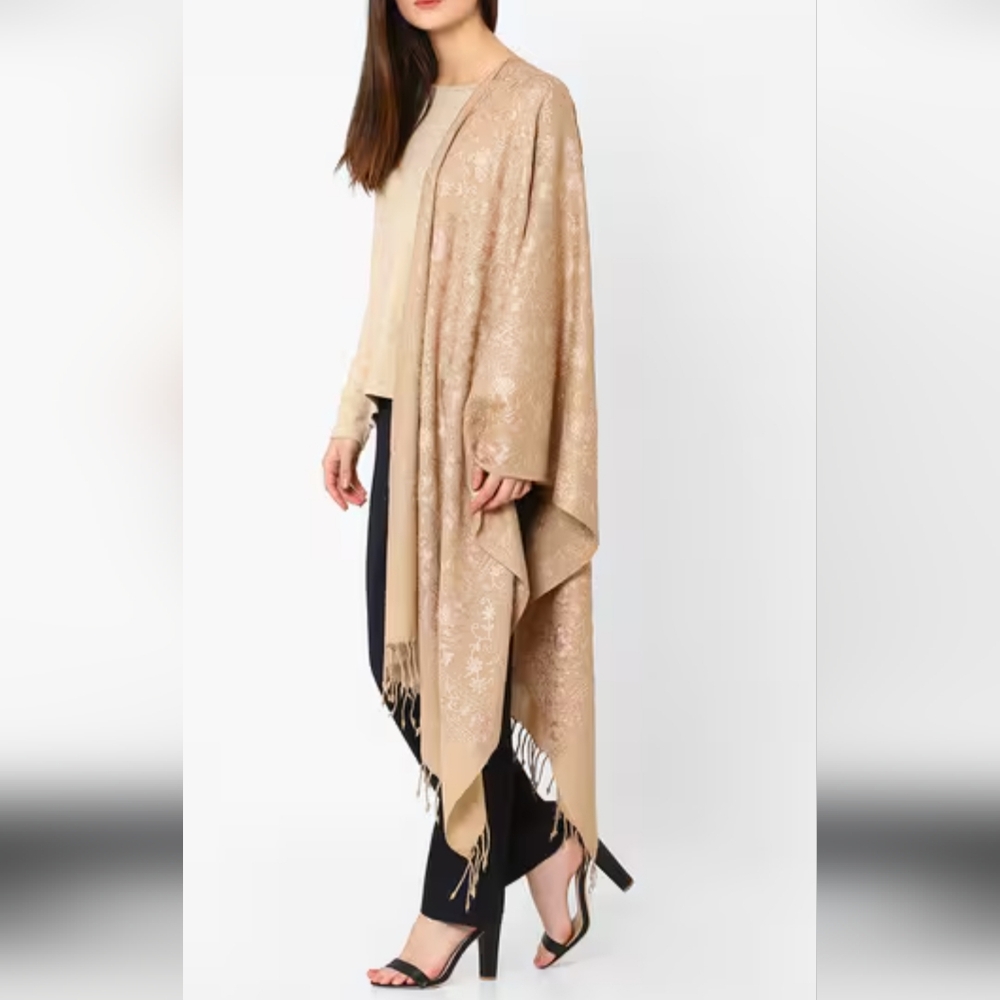 Frangi Tan Acrylic Shawl with Fringe.New No Tag.